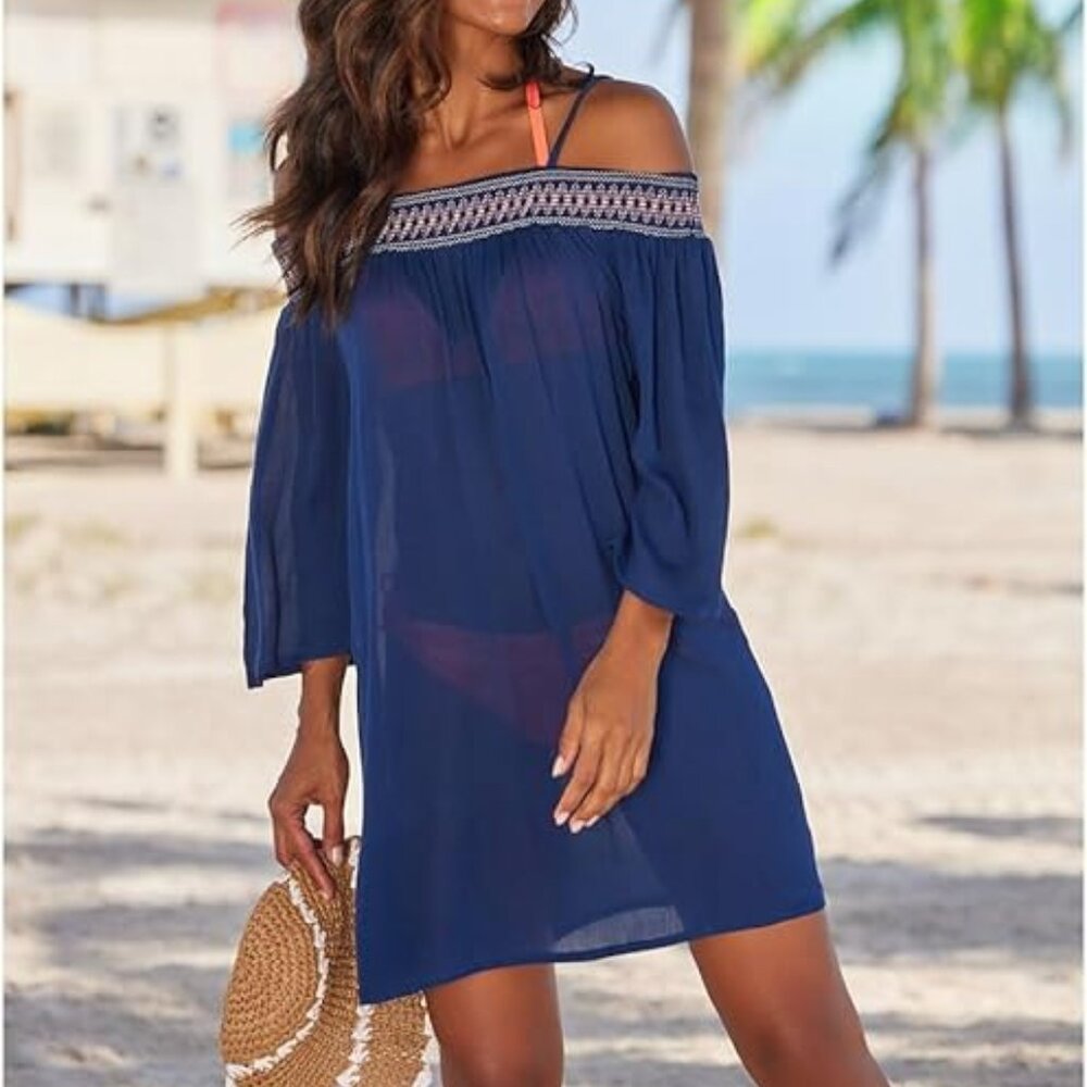 New Lascana Size 6 Navy Cold Shoulder Dress Embroidered Beach Pool NWT